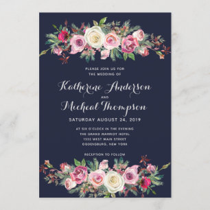 Navy Blush Floral Wedding Invitation Kaart