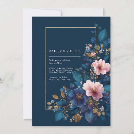 Navy & Blush Floral Wedding Kaart (Voorkant)