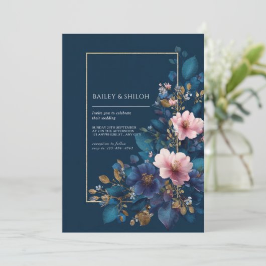 Navy & Blush Floral Wedding Kaart (Staand voorkant)