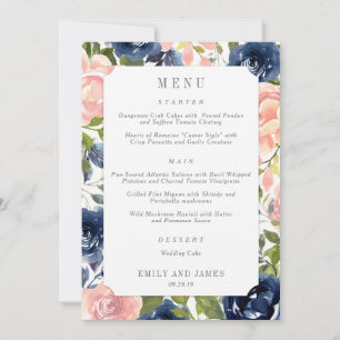 Navy Blush Floral Wedding Menu Kaart #NBC