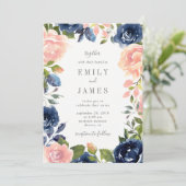 Navy Blush Floral Wedding Uitnodiging #NBC (Staand voorkant)