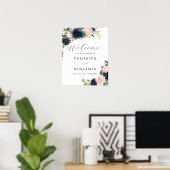 Navy Blush Floral Welcome Sign Poster (Thuiskantoor)
