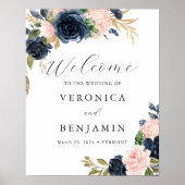 Navy Blush Floral Welcome Sign Poster (Voorkant)