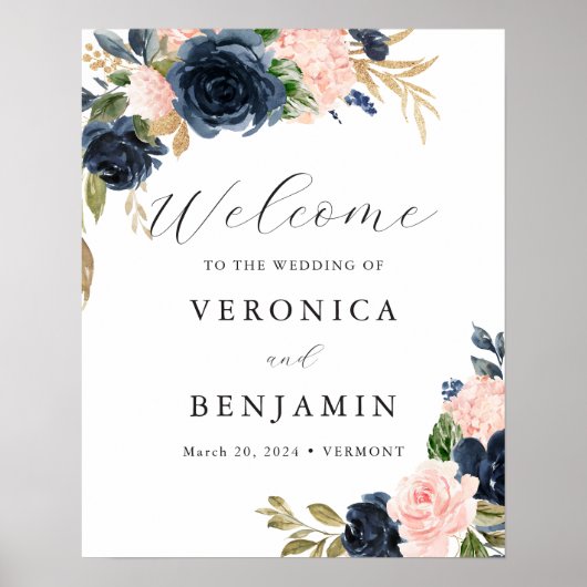 Navy Blush Floral Welcome Sign Poster (Voorkant)