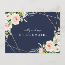 Navy & Blush Floral word jij mijn bruidsmeisje kaa