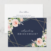 Navy & Blush Floral word jij mijn bruidsmeisje kaa Uitnodiging Briefkaart (Voorkant / Achterkant)