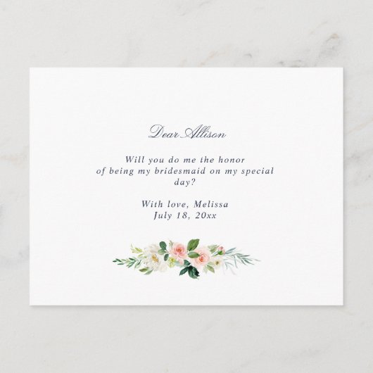 Navy & Blush Floral word jij mijn bruidsmeisje kaa Uitnodiging Briefkaart (Achterkant)