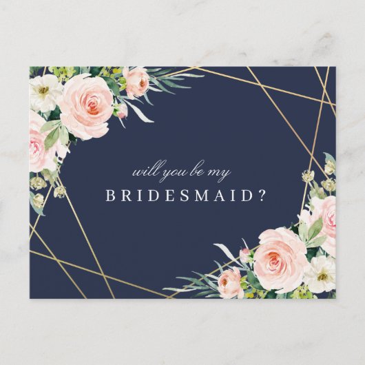 Navy & Blush Floral word jij mijn bruidsmeisje kaa Uitnodiging Briefkaart (Voorkant)