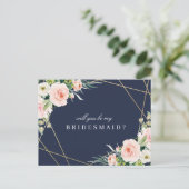 Navy & Blush Floral word jij mijn bruidsmeisje kaa Uitnodiging Briefkaart (Staand voorkant)