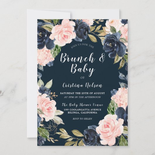 Navy & Blush Floral Wreath Baby shower Brunch Kaart (Voorkant)