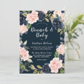 Navy & Blush Floral Wreath Baby shower Brunch Kaart (Staand voorkant)