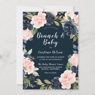 Navy & Blush Floral Wreath Baby shower Brunch Kaart
