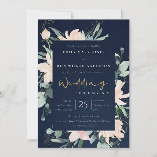 NAVY BLUSH FLORAL WREATH INK WATERVERF WEDING KAART (Voorkant)