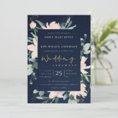 NAVY BLUSH FLORAL WREATH INK WATERVERF WEDING KAART (Staand voorkant)