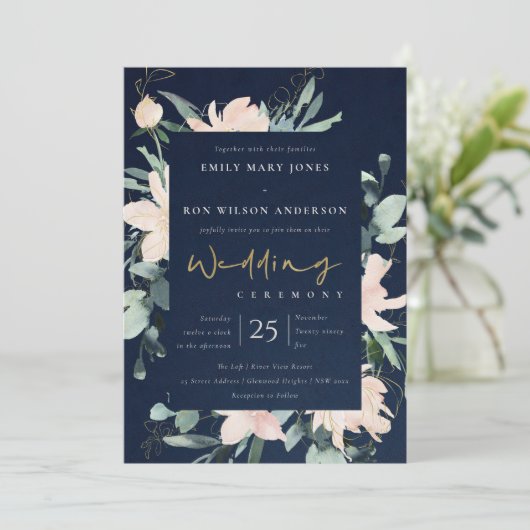 NAVY BLUSH FLORAL WREATH INK WATERVERF WEDING KAART (Staand voorkant)