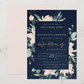 NAVY BLUSH FLORAL WREATH INK WATERVERF WEDING KAART (Voorkant / Achterkant)