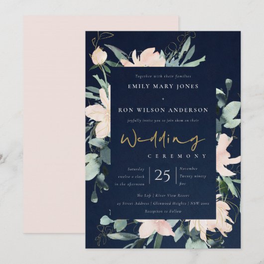 NAVY BLUSH FLORAL WREATH INK WATERVERF WEDING KAART (Voorkant / Achterkant)