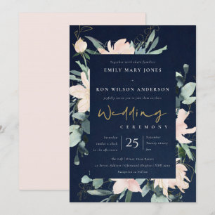 NAVY BLUSH FLORAL WREATH INK WATERVERF WEDING KAART