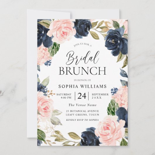 Navy Blush Floral Wreath Vrijgezellenfeest Brunch Kaart (Voorkant)
