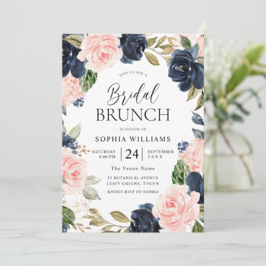 Navy Blush Floral Wreath Vrijgezellenfeest Brunch Kaart (Staand voorkant)