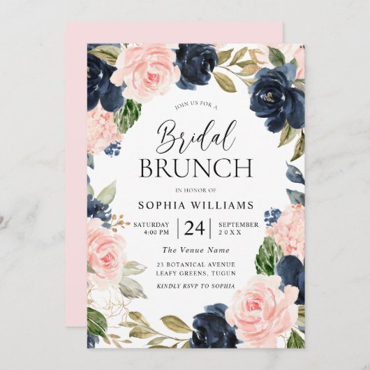 Navy Blush Floral Wreath Vrijgezellenfeest Brunch Kaart (Voorkant / Achterkant)