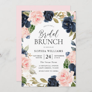 Navy Blush Floral Wreath Vrijgezellenfeest Brunch Kaart