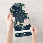 Navy Blush Floral Wreath Weddin All In One Uitnodiging (Afscheurbaar)