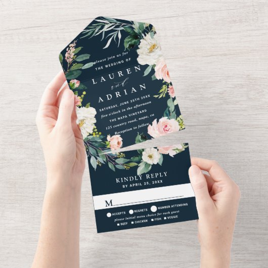 Navy Blush Floral Wreath Weddin All In One Uitnodiging (Afscheurbaar)
