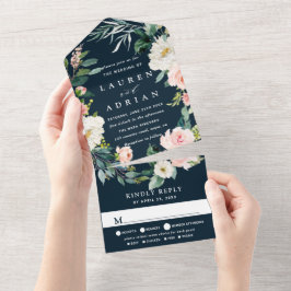 Navy Blush Floral Wreath Weddin All In One Uitnodiging