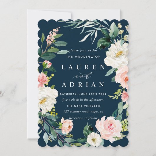 Navy Blush Floral Wreath Wedding Invitation Kaart (Voorkant)