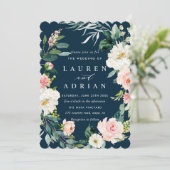 Navy Blush Floral Wreath Wedding Invitation Kaart (Staand voorkant)