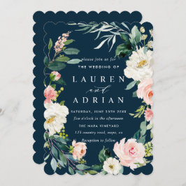 Navy Blush Floral Wreath Wedding Invitation Kaart