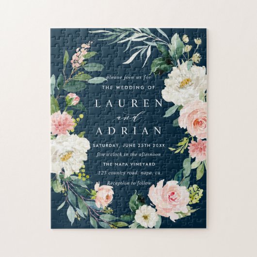 Navy Blush Floral Wreath Wedding Invitation Legpuzzel (Verticaal)