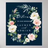 Navy Blush Floral Wreath Wedding Welkomstteken Poster (Voorkant)