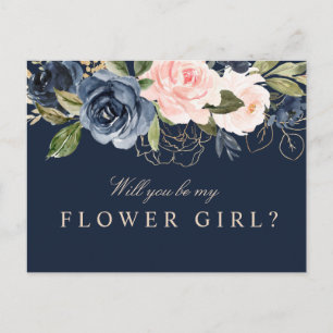 Navy blush floral zal je mijn bloem meisje kaart