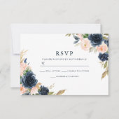 Navy & Blush Florals Elegant Wedding RSVP Kaartje (Voorkant)