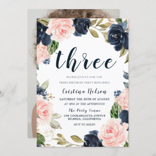 Navy Blush Flowers 3rd Birthday Party Boy of Girl Kaart