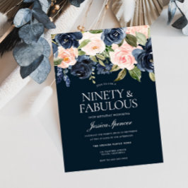 Navy & Blush Flowers 90th Birthday Party Kaart