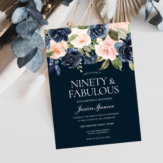 Navy & Blush Flowers 90th Birthday Party Kaart