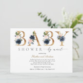 Navy Blush Flowers en Gold Baby shower per Mail Kaart (Staand voorkant)