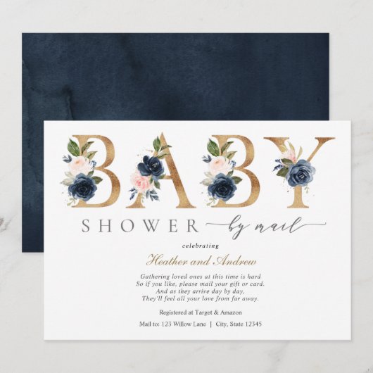 Navy Blush Flowers en Gold Baby shower per Mail Kaart (Voorkant / Achterkant)