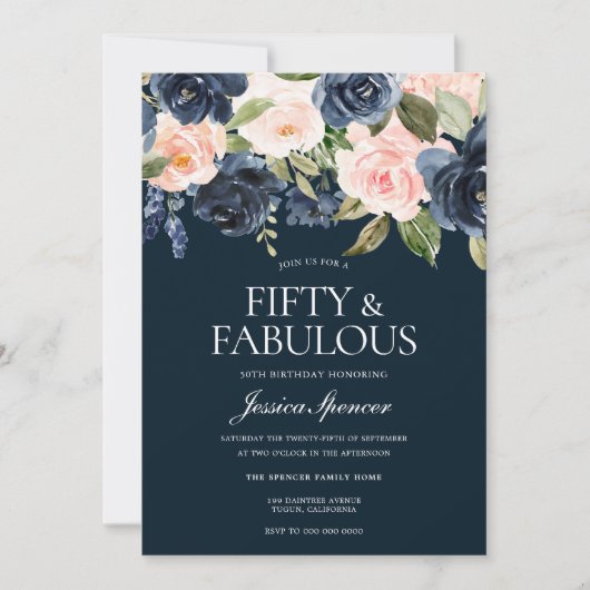 Navy & Blush Flowers Fabulous 50th Birthday Party Kaart (Voorkant)