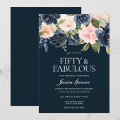 Navy & Blush Flowers Fabulous 50th Birthday Party Kaart (Voorkant / Achterkant)