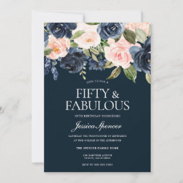 Navy & Blush Flowers Fabulous 50th Birthday Party Kaart