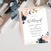 Navy & Blush Flowers Glitter Wedding Invitation Kaart
