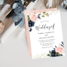 Navy & Blush Flowers Glitter Wedding Invitation