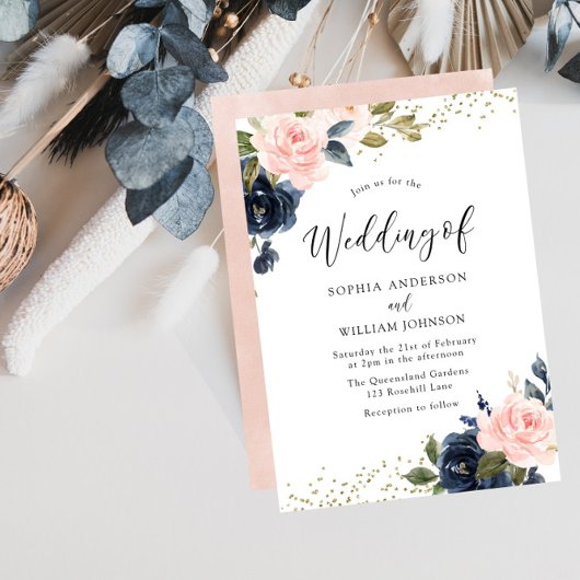 Navy & Blush Flowers Glitter Wedding Invitation Kaart