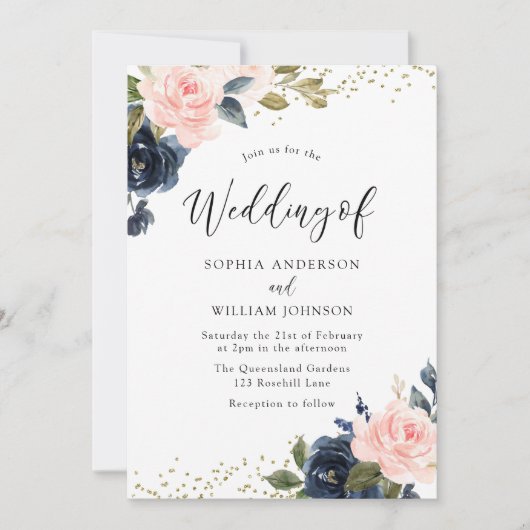 Navy & Blush Flowers Glitter Wedding Invitation Kaart (Voorkant)