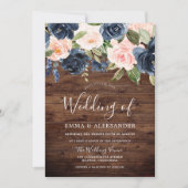 Navy & Blush Flowers Rustic Country Wedding Kaart (Voorkant)
