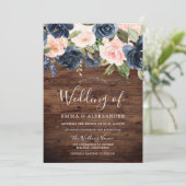Navy & Blush Flowers Rustic Country Wedding Kaart (Staand voorkant)